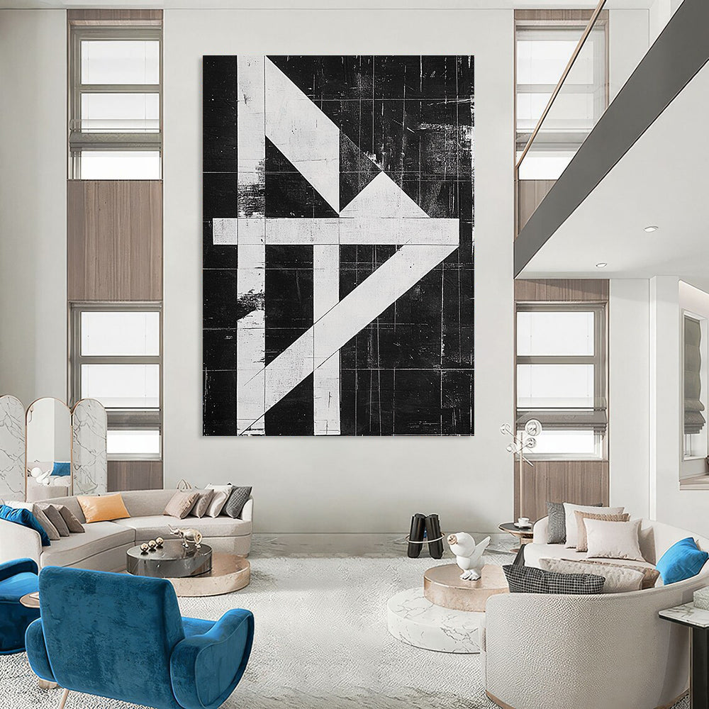 Contemporary hand-painted abstract artwork featuring a high-contrast black and white design with an "H" shape and textured risograph print on canvas. DLZ1140