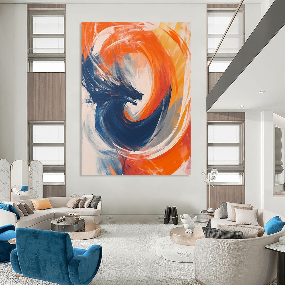 Contemporary abstract artwork featuring vibrant orange and blue circular forms with fluid movement, white strokes, and a dynamic dragon motif at the center. DLZ1014