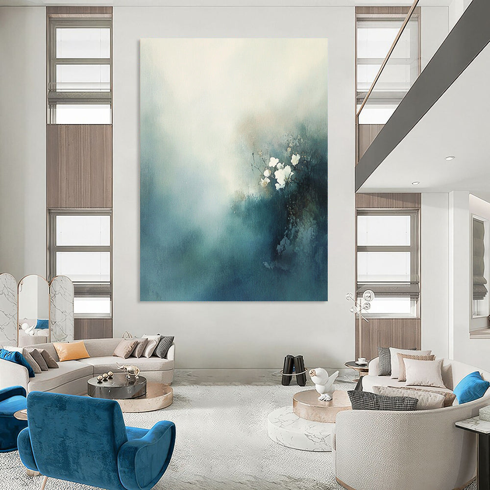 Contemporary hand-painted abstract art features misty clouds and delicate white flowers in blue-green tones, evoking mystery and tranquility with soft textures. DLZ0558