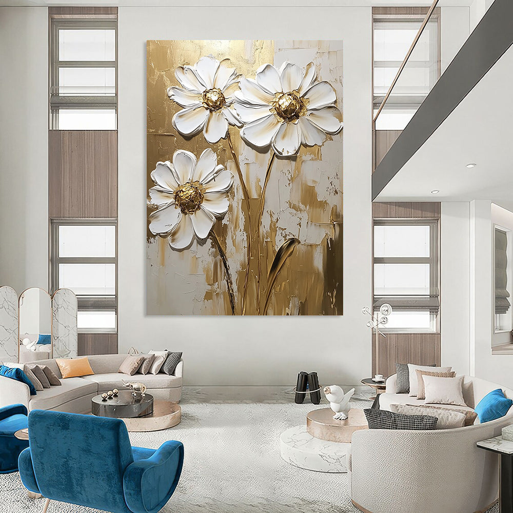 Contemporary hand-painted abstract art featuring white daisy flowers with gold accents on a textured background, perfect for modern decor. DLZ0820