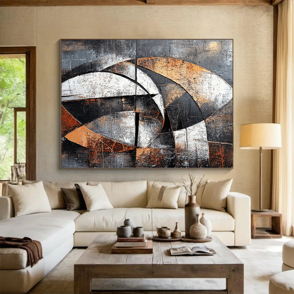 Gray, Black, White, Brown, Geometric Arcs "Industrial Rhythm" Abstract Cubist - Inspired Painting On Canvas HB061
