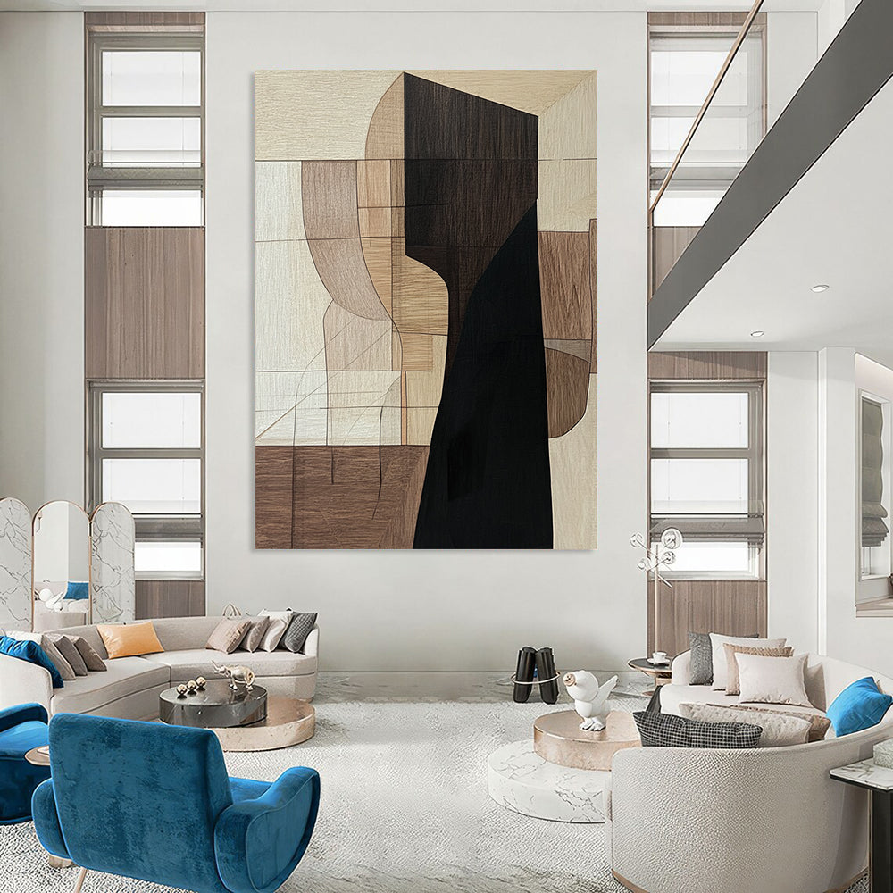 Contemporary hand-painted abstract art featuring a dominant elongated black wooden shape with earthy shades and a mysterious shadowy presence. DLZ0855