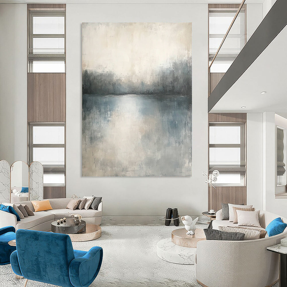 Contemporary abstract painting featuring muted tones and soft textures creating a serene, dreamlike landscape with subtle gradients and blurred edges. DLZ0443