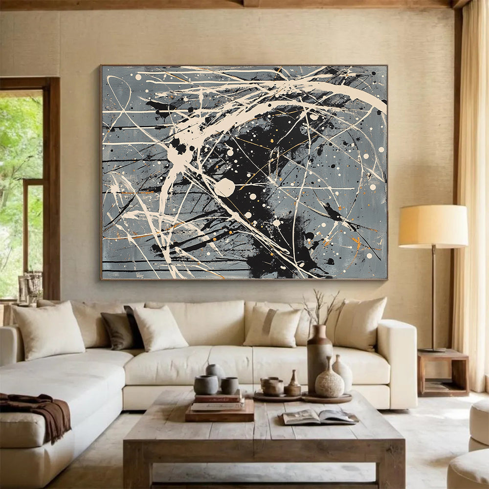 Gray, Black, White, Gold, Complex Drips "Starry Maze" Abstract Pollock - Inspired Painting On Canvas HB054