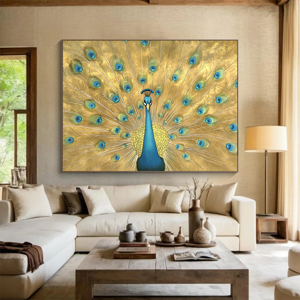 “Golden Peacock Display” - Gold, Blue, Green, Ornate Animal Painting On Canvas HB0687