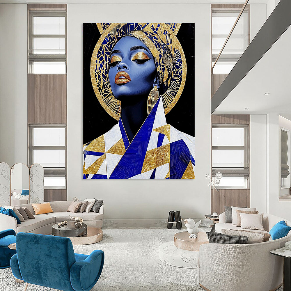 Contemporary abstract art featuring an African queen in gold leaf jewelry and geometric patterns, set against bold black shapes for added depth. DLZ1086