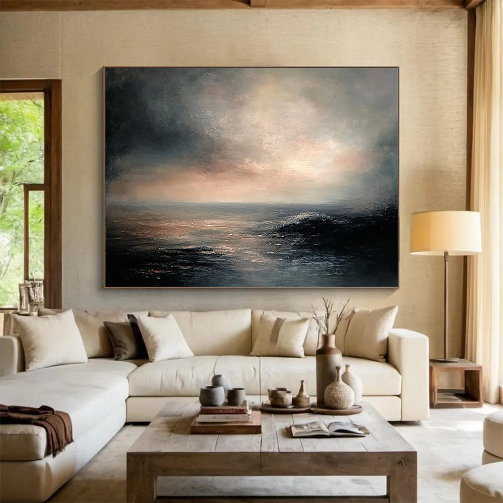 “Moody Dusk over the Ocean” - Greys, Pinks, Blues, Dramatic Sea - Scape - Romantic Oil Painting HB1561