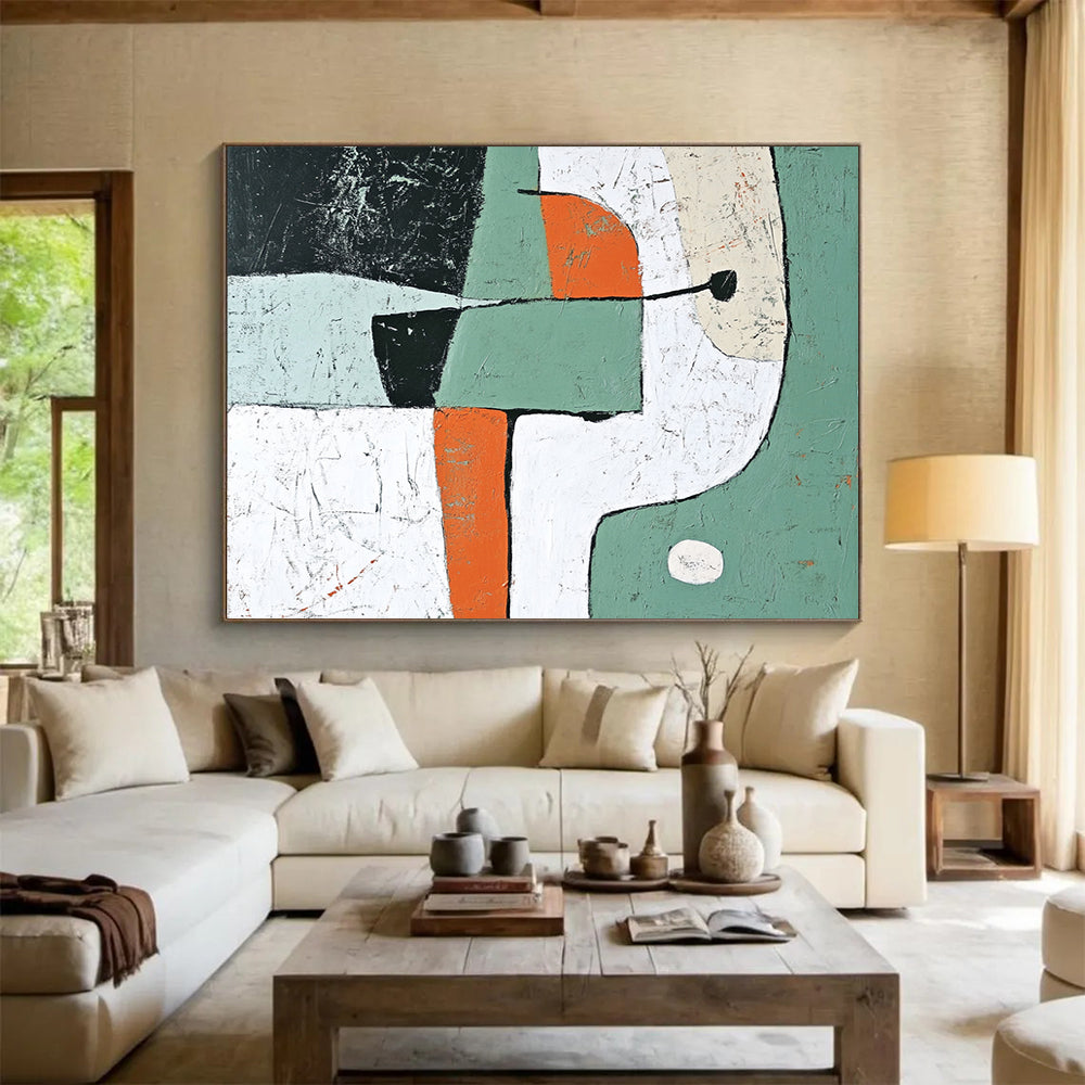 “Playful Shapes” - Green, Orange, White, Abstract Forms - Modernist Acrylic Painting HB1529