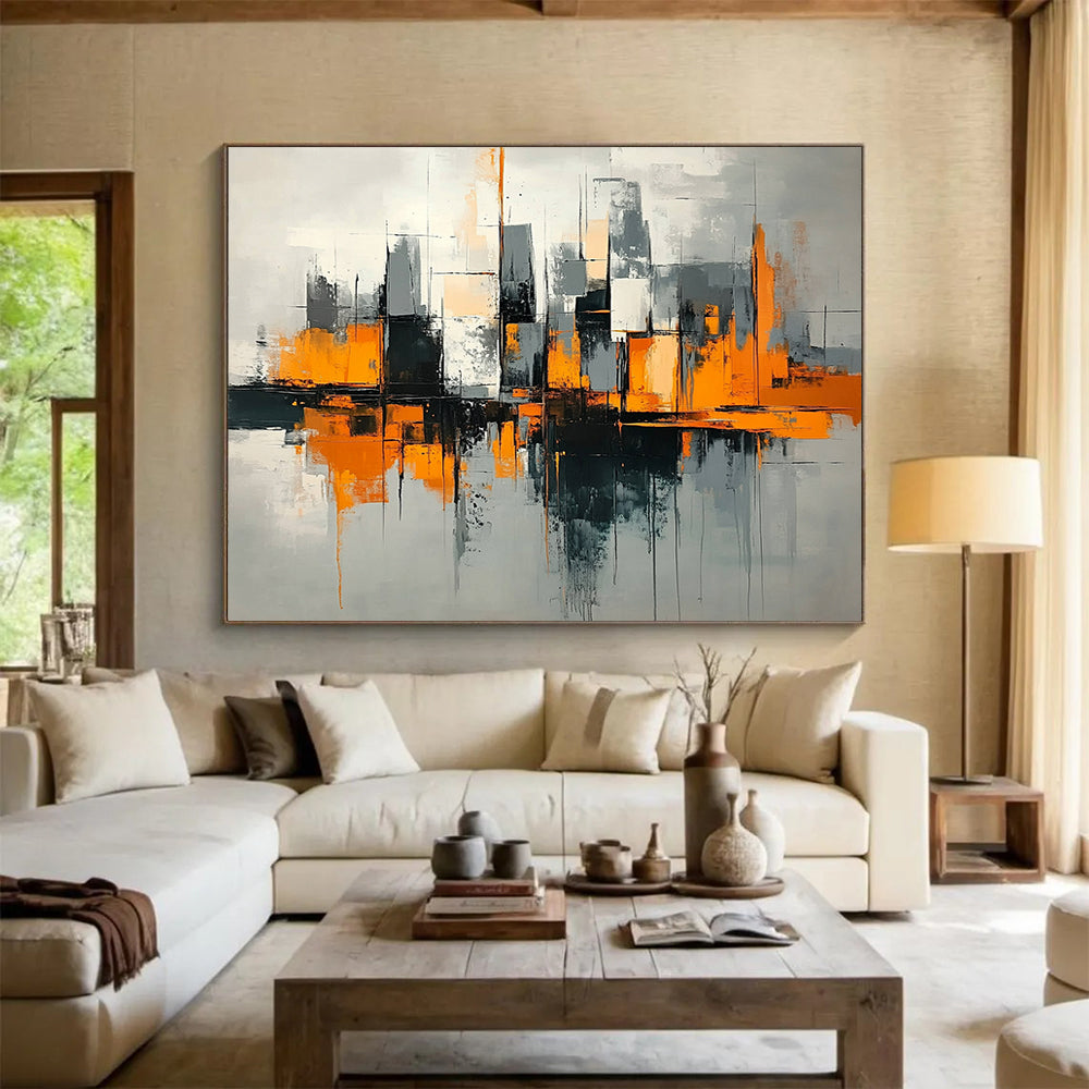 “Urban Geometry in Orange” - Orange, Gray, Black, Abstract Cubist Cityscape Painting On Canvas HB1079