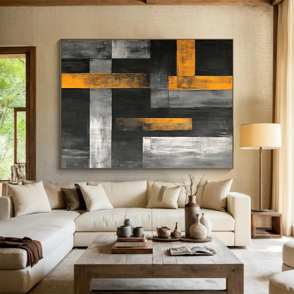 Black, Gray, White and Yellow Geometric Blocks "Urban Rhythm" Painting On Canvas HB351