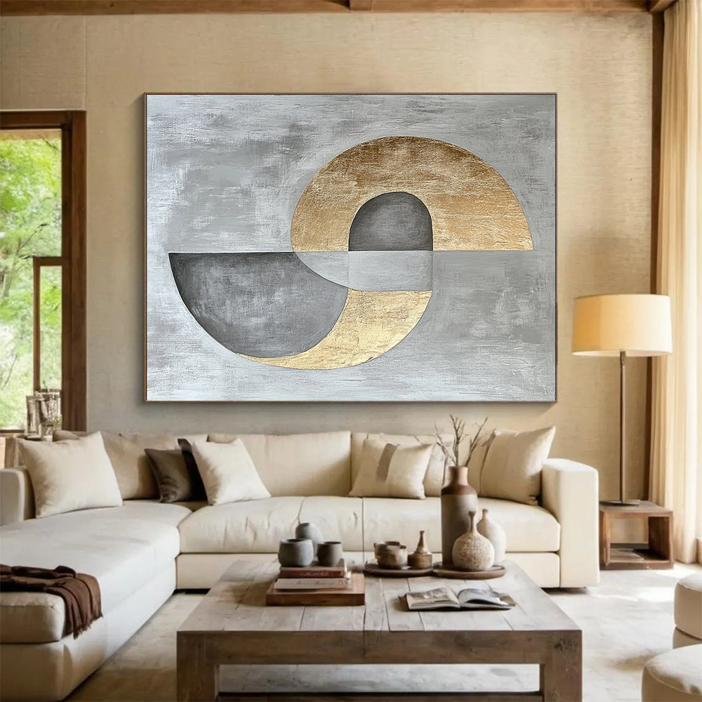 Gray, Silver and Gold Geometric Abstraction "Harmonious Circles" Painting On Canvas HB398