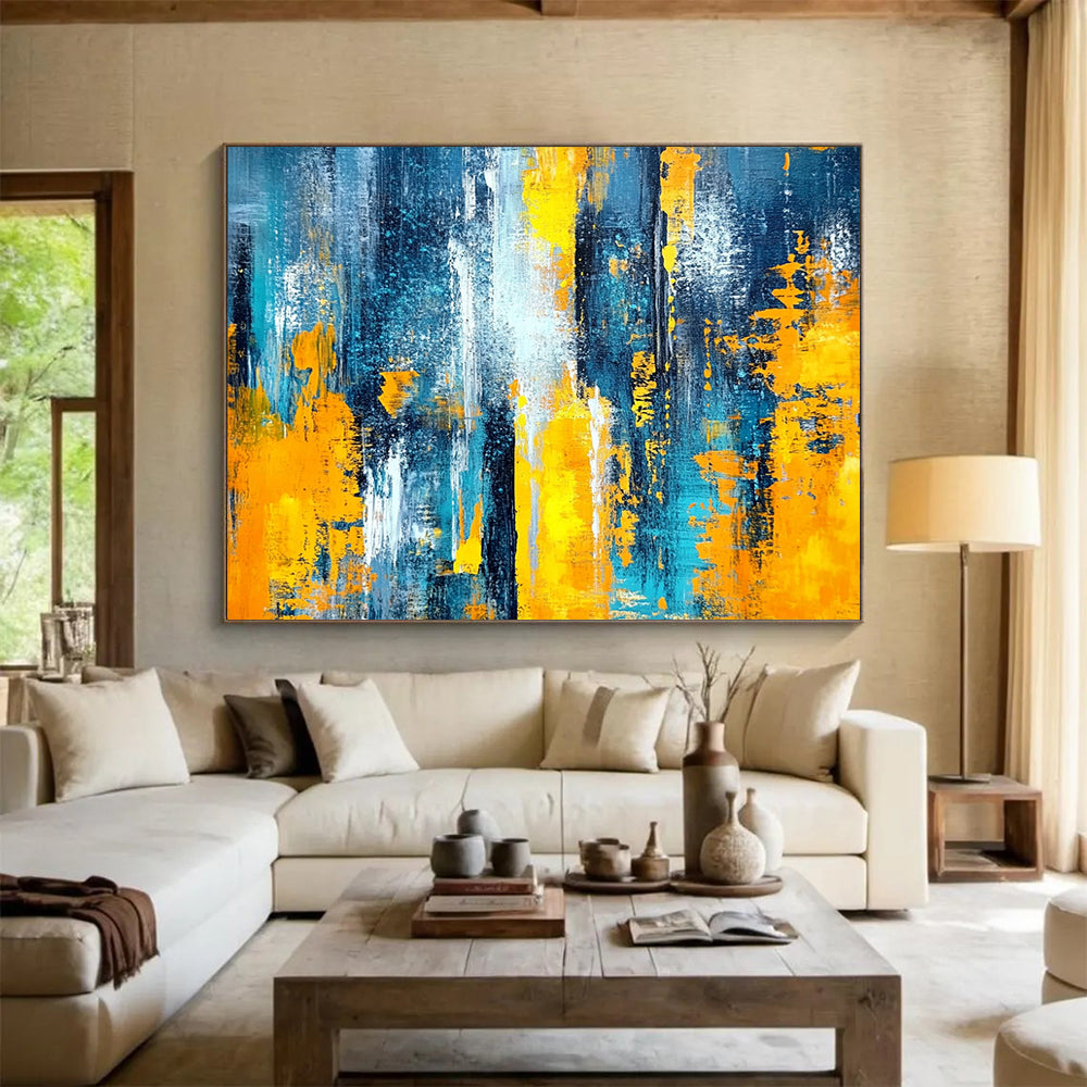 “Blue and Yellow Abstract Strokes” - Blue, Yellow, Bold Brushstrokes Painting On Canvas HB0869