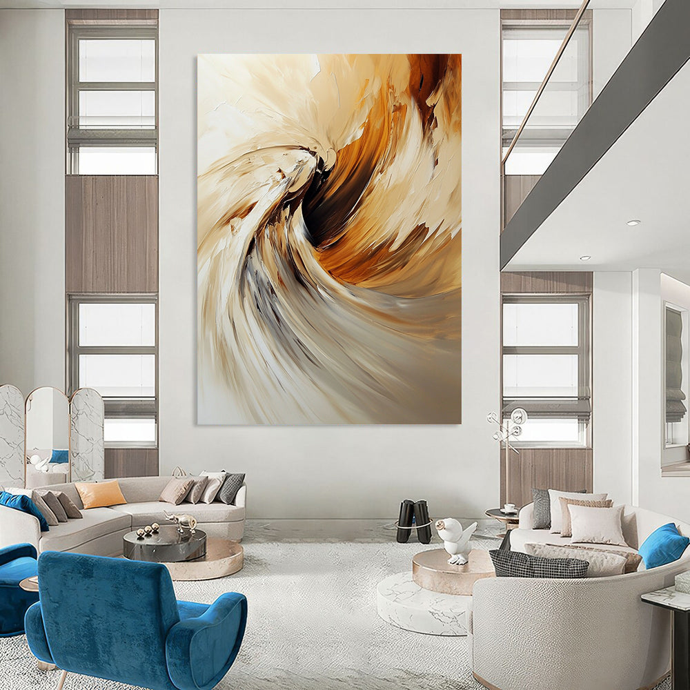 Contemporary abstract oil painting featuring an angel with swirling brush strokes in warm beige and brown tones. DLZ0450