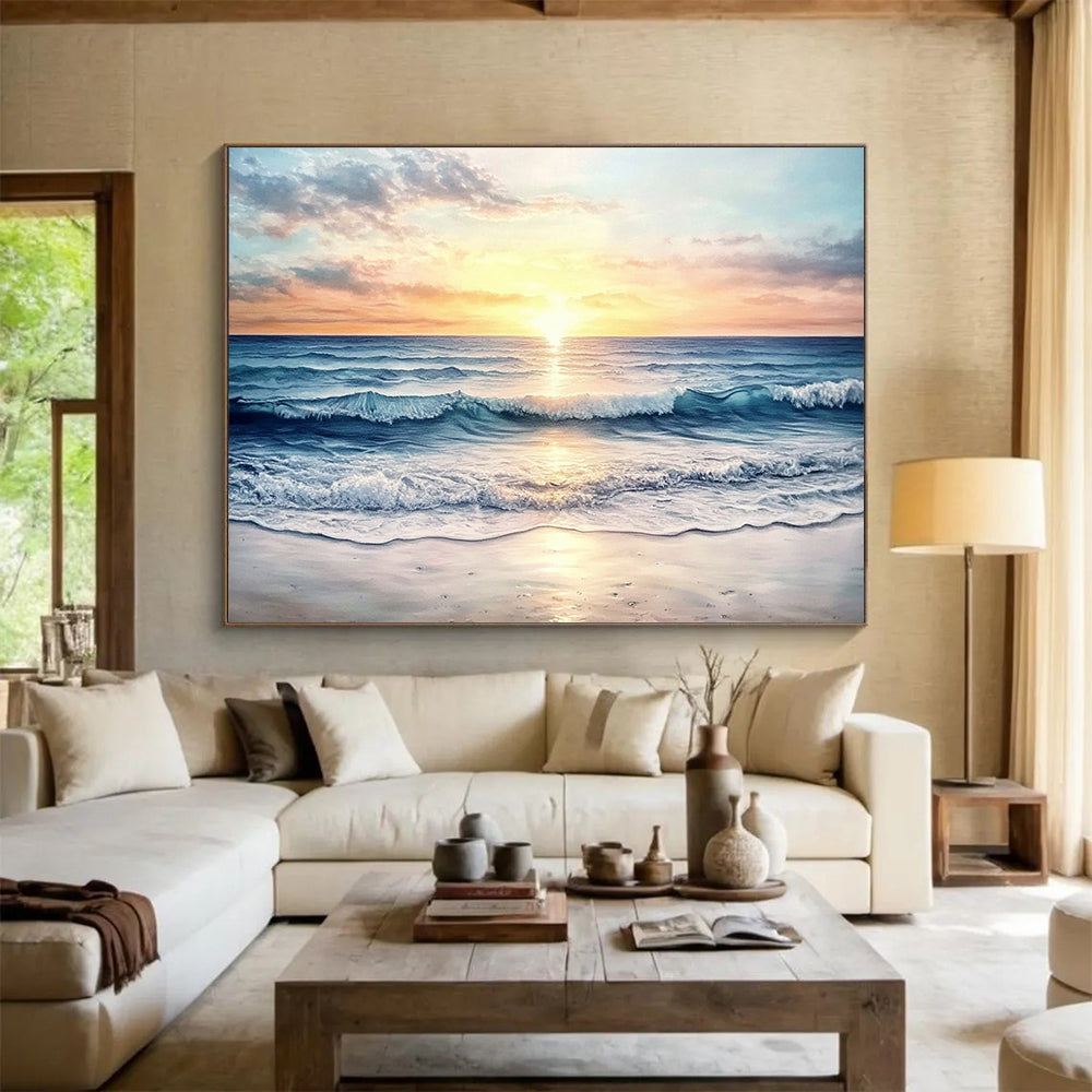 “Sunset Ocean Waves” - Orange, Pink, Blue, Realistic Seaside Oil On Canvas HB0700