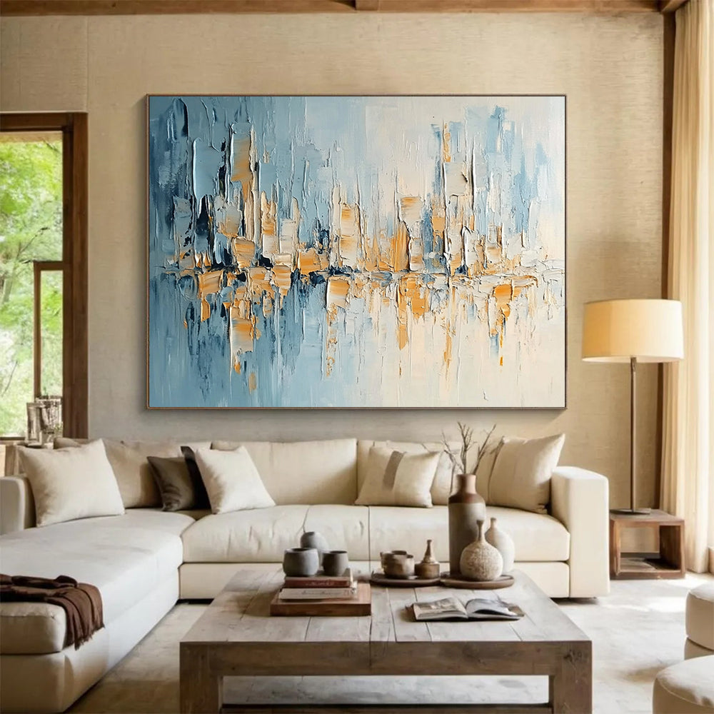 “Textured City Skyline” - Blue, Beige, White, Textured City Skyline Painting On Canvas HB0988