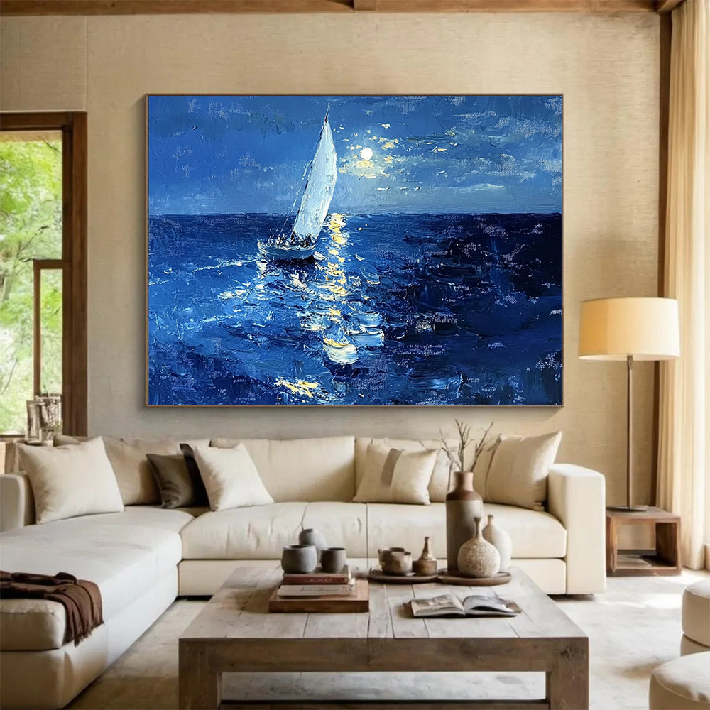“Moonlit Sailboat” - Deep Blue, White, Yellow, Sailboat on Moonlit Sea - Impasto Oil Painting HB1696