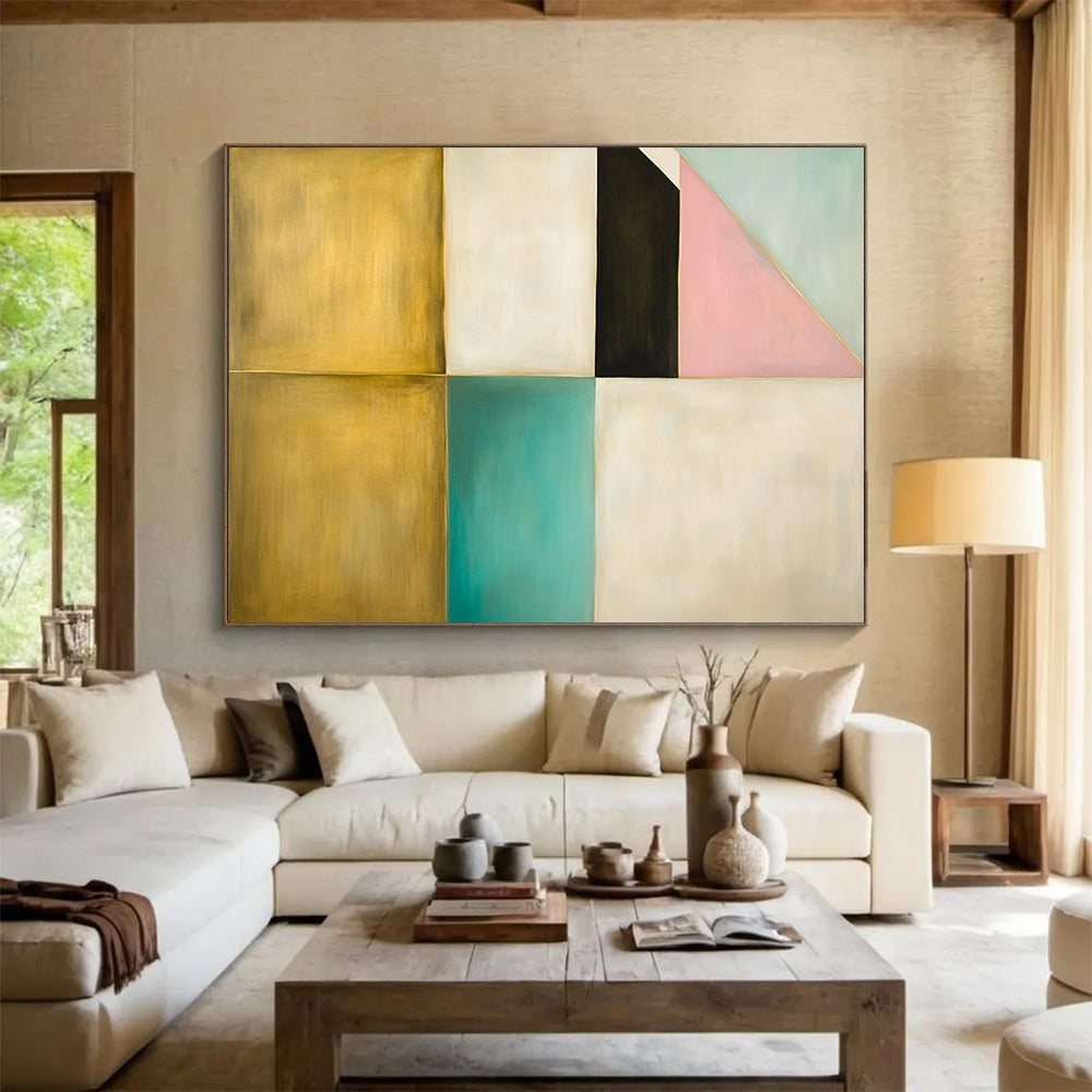 “Color - Blocked Harmony” - Gold, Teal, Pink, Geometric Blocks - Minimalist Acrylic Painting HB1528