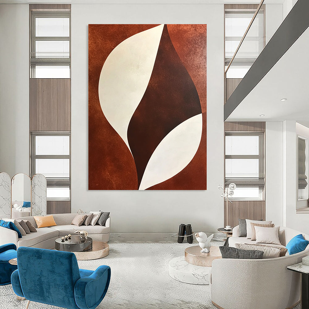 Large contemporary hand-painted abstract artwork featuring brown and white shapes with minimalist soft lines and geometric organic patterns. DLZ0979