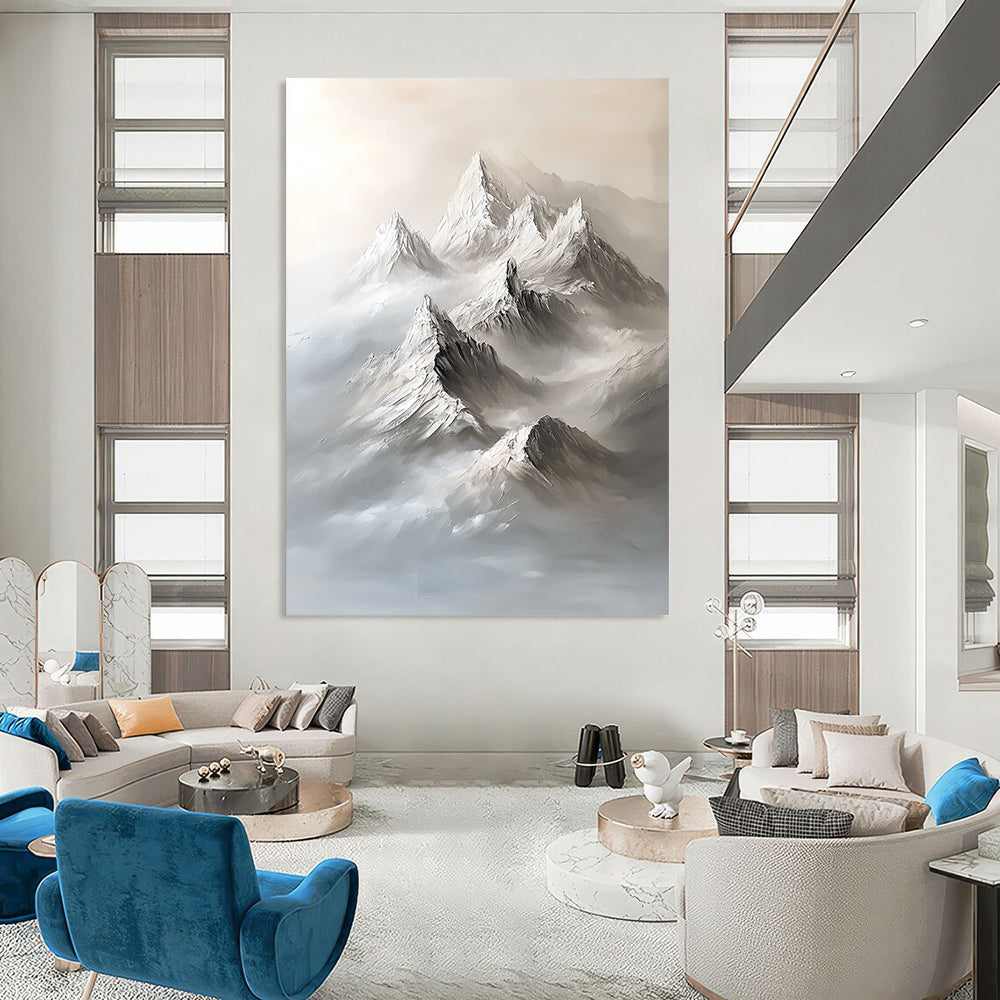 Abstract contemporary artwork featuring a large snow-capped mountain range in a minimalist gray palette with bold brushstrokes and ethereal fog. DLZ1289