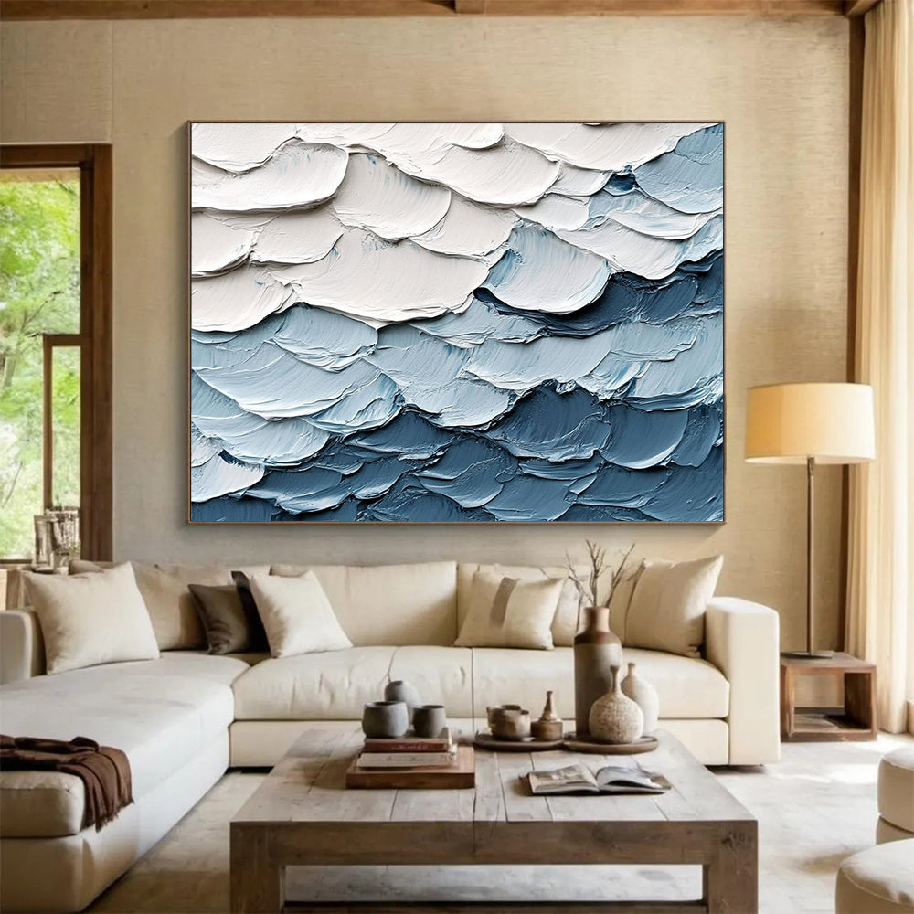 “Textured Wave Layers” - White, Blue, Gray - Impasto Ocean Waves - Acrylic Painting HB1335