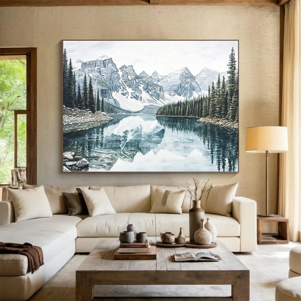 “Realistic Mountain Lake” - Blue, Gray, Mountain, Lake Painting On Canvas HB0763