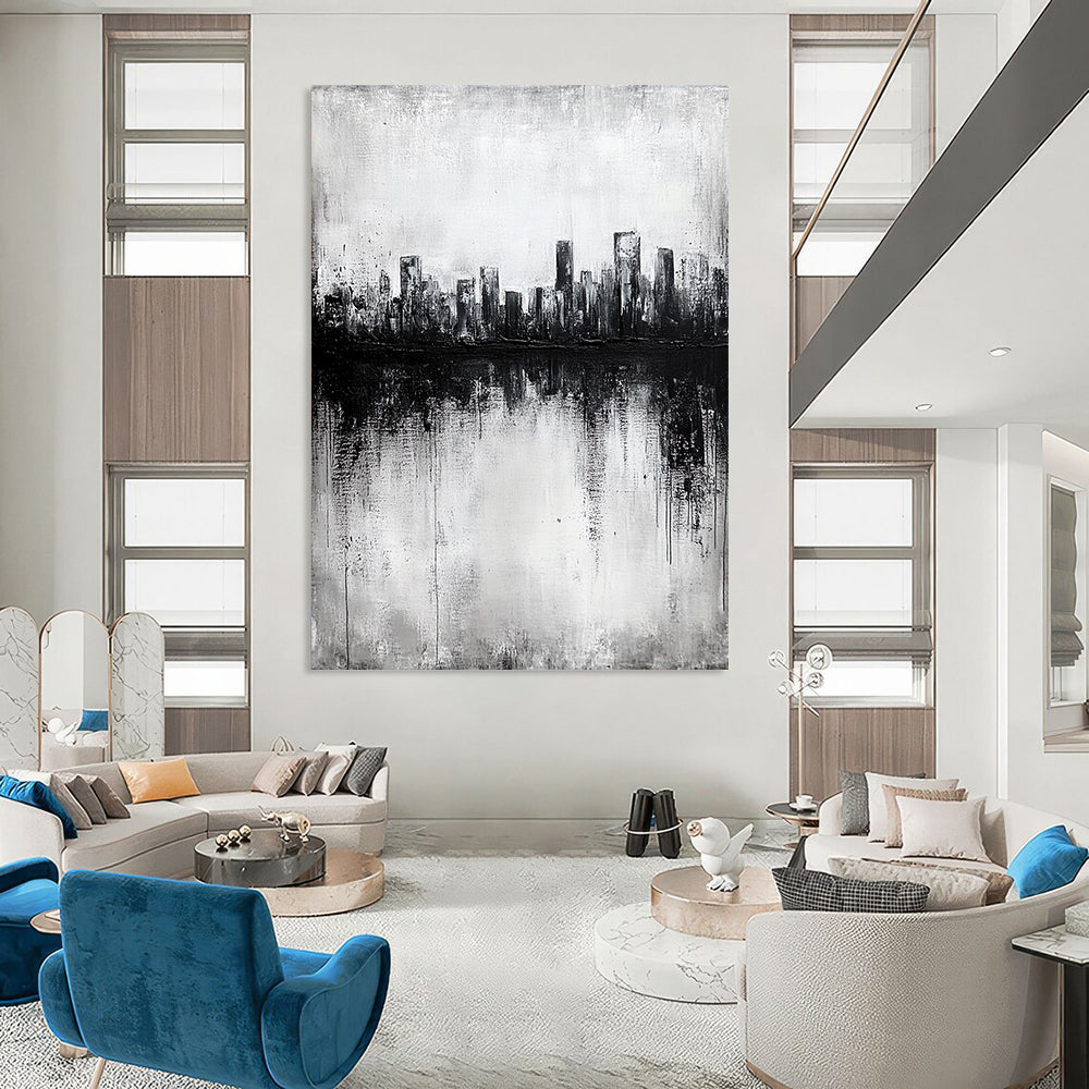 Contemporary abstract painting with textured canvas showcasing a city skyline reflected in a lake, featuring dark gray tones in a striking black and white palette. DLZ0299