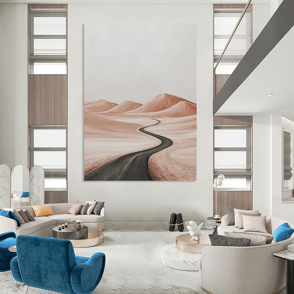 Contemporary abstract painting featuring a tranquil desert road with distant hills in subtle light browns and grays against a white background for serene ambiance. DLZ1451