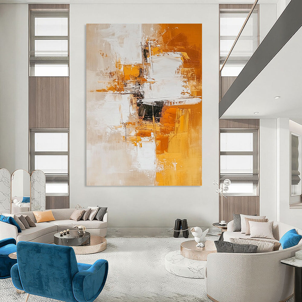 Contemporary hand-painted abstract artwork featuring white and amber tones with geometric shapes creating depth and calmness on a light orange background. DLZ0777