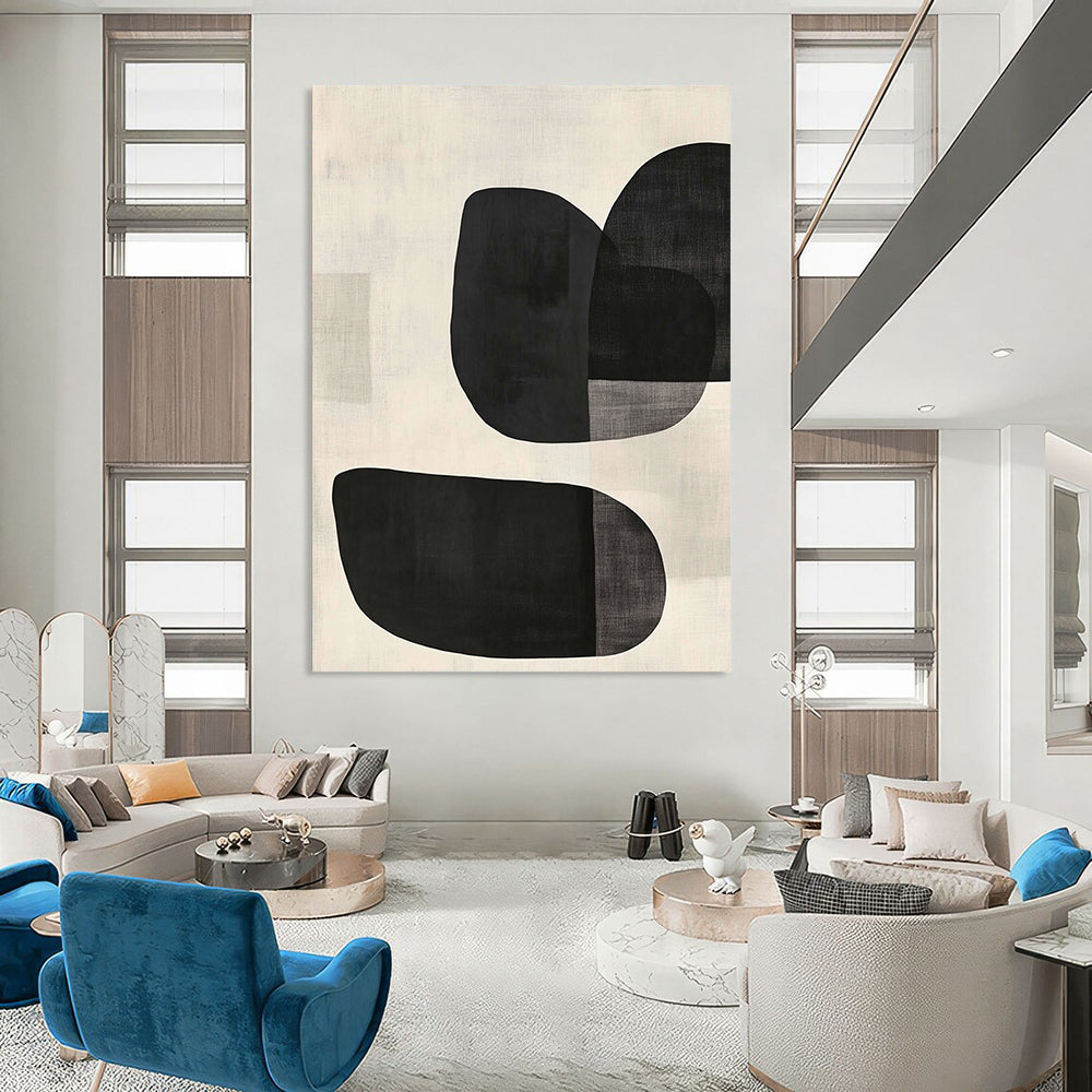 Large contemporary hand-painted abstract artwork features minimalist black and white design with curved oval shapes and textured background in soft tones. DLZ1338