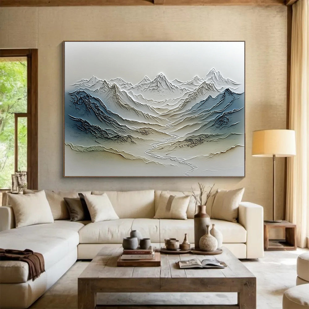 “Textured Mountain Range Relief” - Gray, Blue, Beige, Textured Landscape Painting On Canvas HB0774