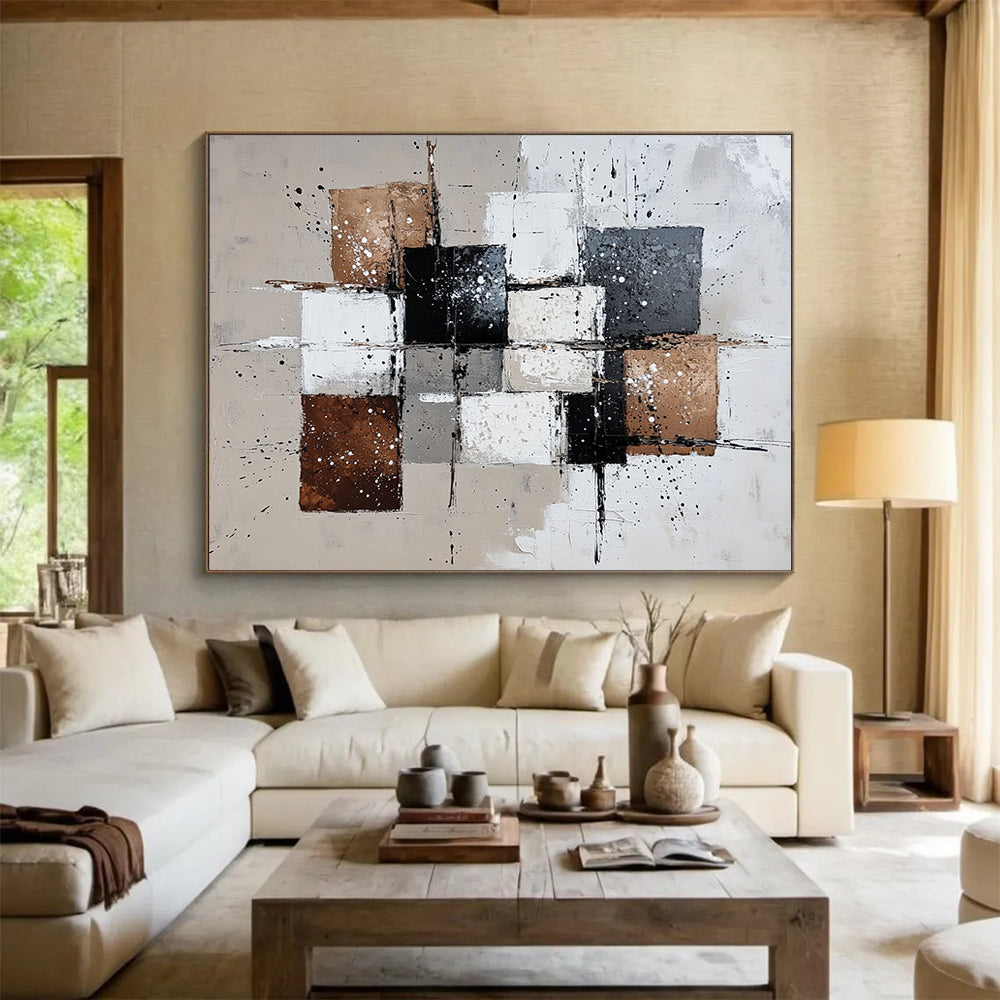 “Black White Brown Abstract Squares” - Black, White, Brown, Splattered Forms - Painting On Canvas HB1421