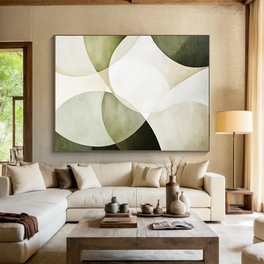 “Green - Beige Overlapping Circles” - Green, Beige, White with Circular Layers - Abstract Acrylic HB1361