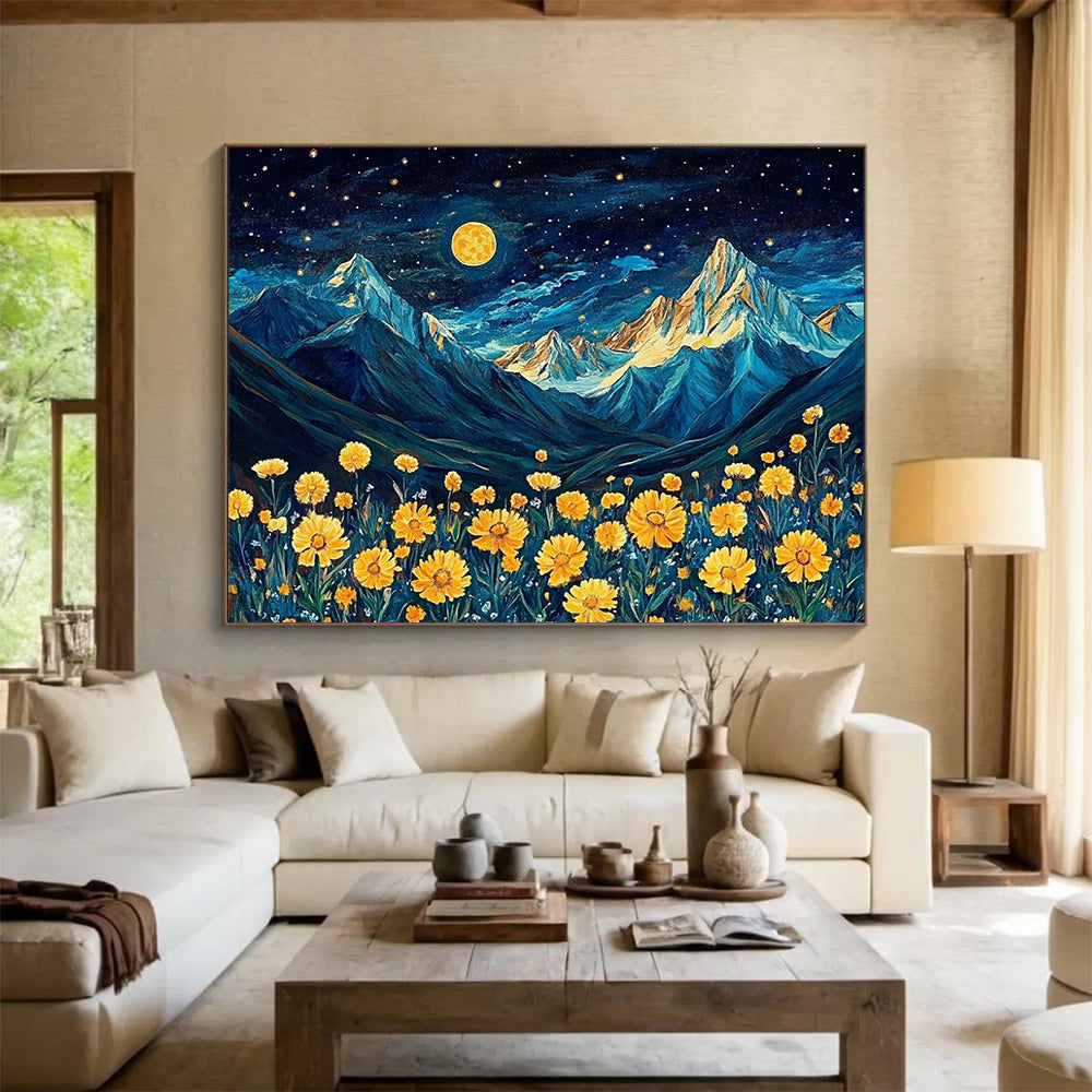“Moonlit Mountain Flowers” - Blue, Yellow, Mountain & Floral Oil Painting On Canvas HB0718