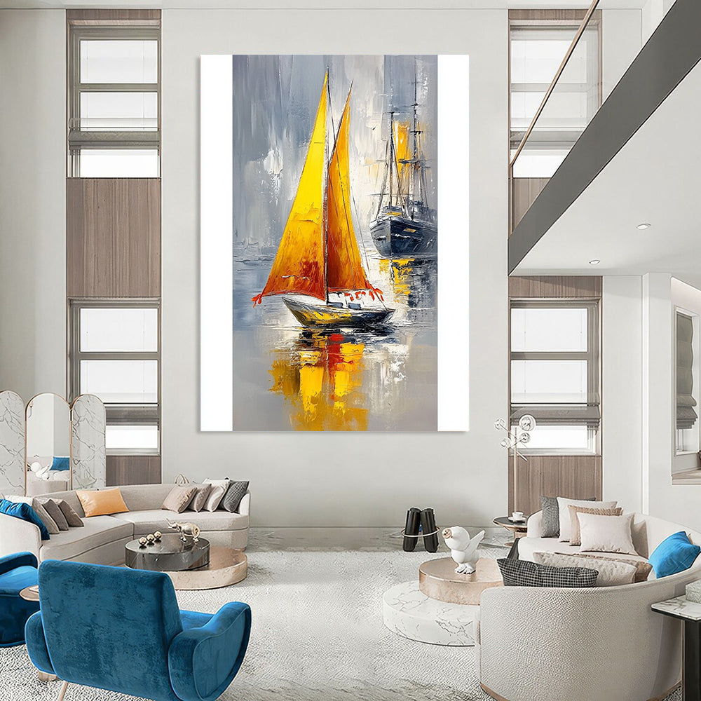 Contemporary hand-painted abstract art featuring a small boat with a yellow sail and orange tassels against a calm sea and gray sky. DLZ1700