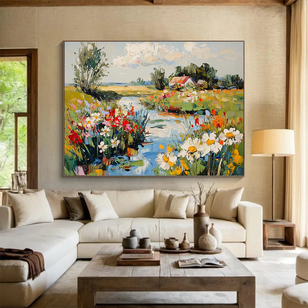 Charming Countryside Stream with Flowers - Idyllic Landscape Painting On Canvas HB0453