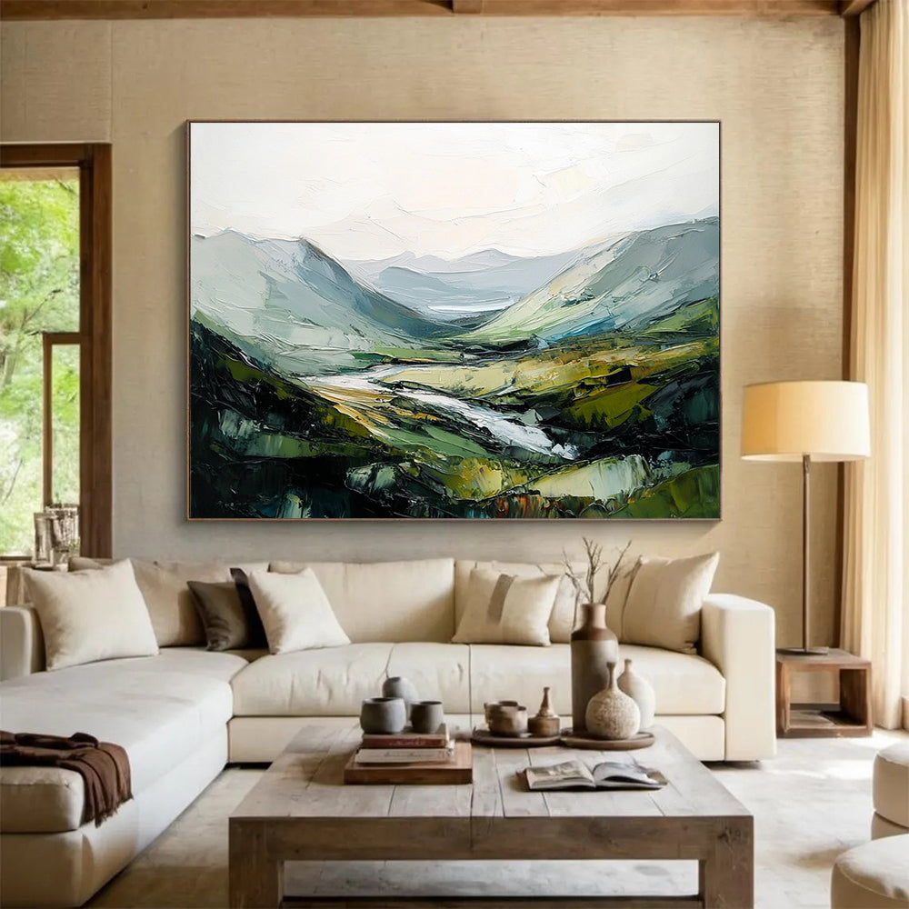 “Impasto Valley Landscape” - Green, Gray, Yellow with Textured Valley - Painting On Canvas HB1401