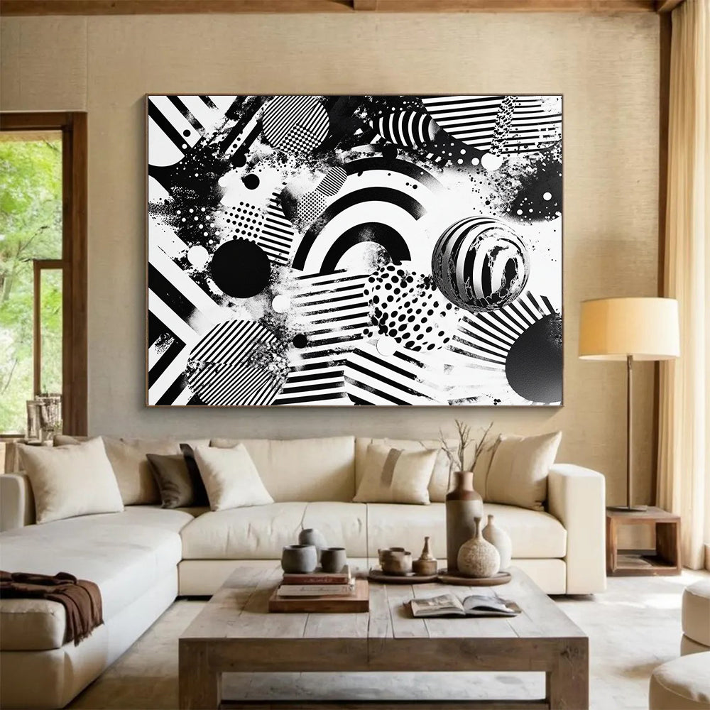 Black and White Mixed Shapes "Chaotic Unity" Painting On Canvas HB270