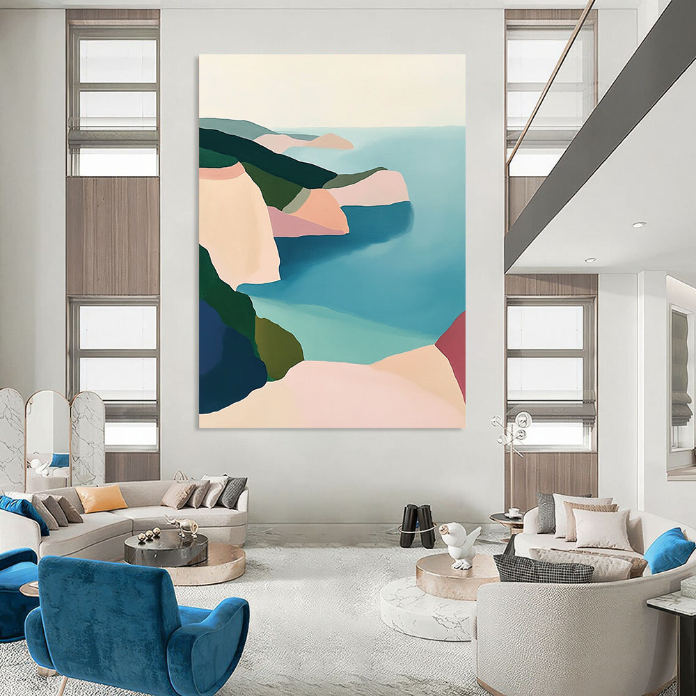 Contemporary abstract artwork featuring a serene coastal landscape with pastel cliffs and a calm sea in soothing green blue and pink tones. DLZ1457