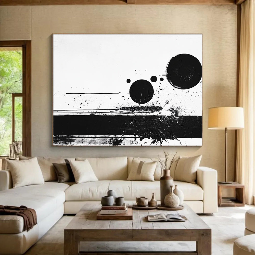 Black Circles, Dots & Splatter - “Dynamic Ink Spots” Painting On Canvas HB236