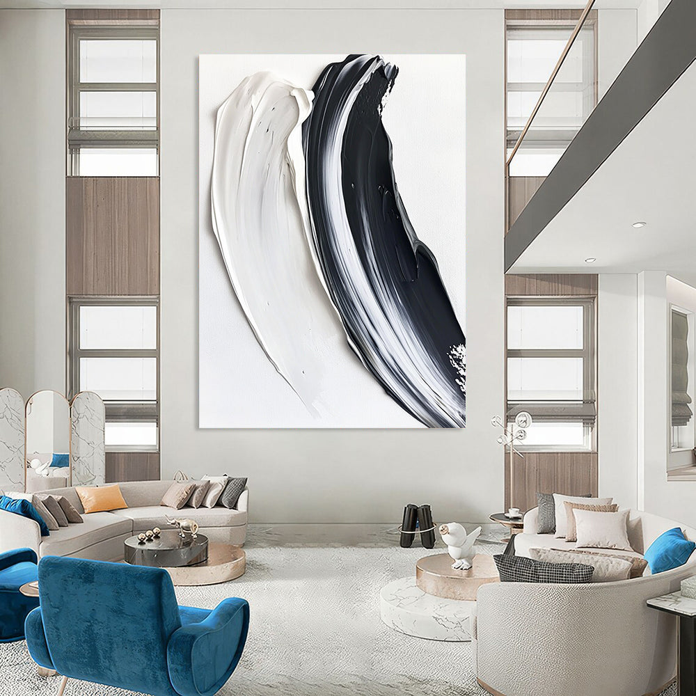 Contemporary hand-painted abstract artwork featuring two textured brushstrokes in black and white against a pure white background, creating a striking visual contrast. DLZ1230