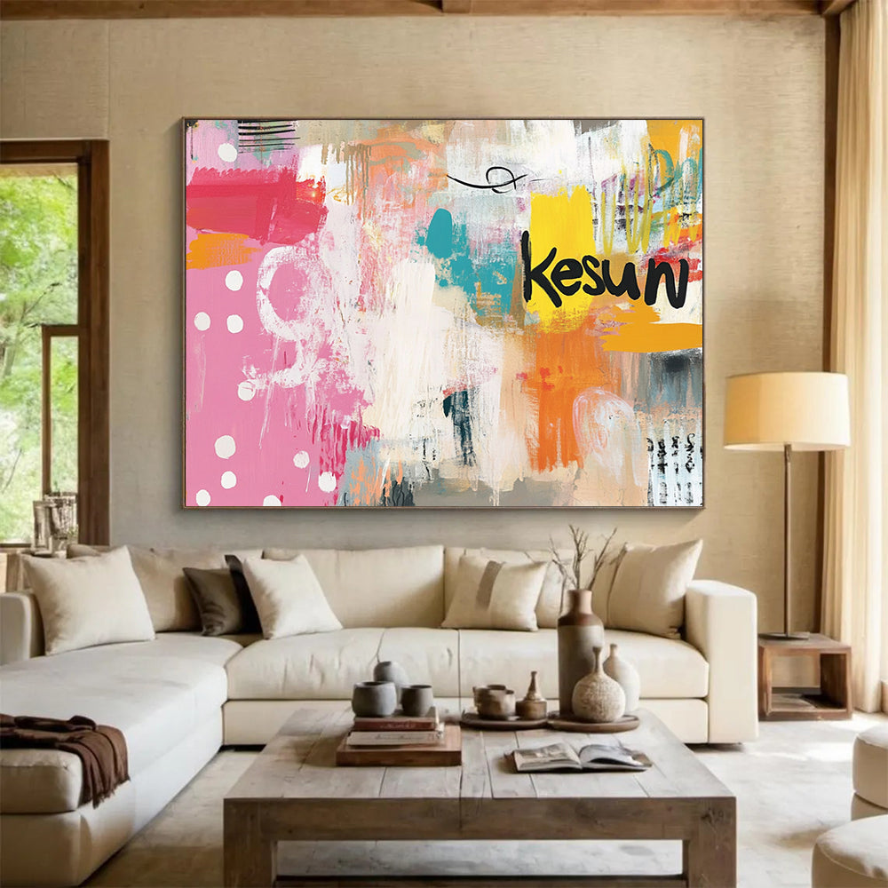 “Colorful Playful Abstract” - Pink, Orange, Teal, Yellow with Dots and “Kesun” - Painting On Canvas HB1389