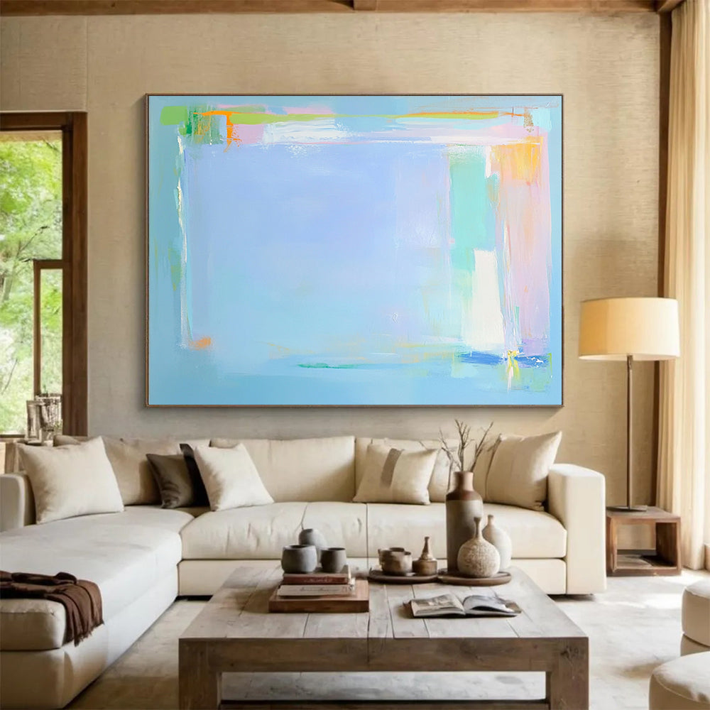 “Soft Color Block Abstraction” - Light blue, pastel green/orange, minimalist blocks, Abstract Painting On Canvas HB0587