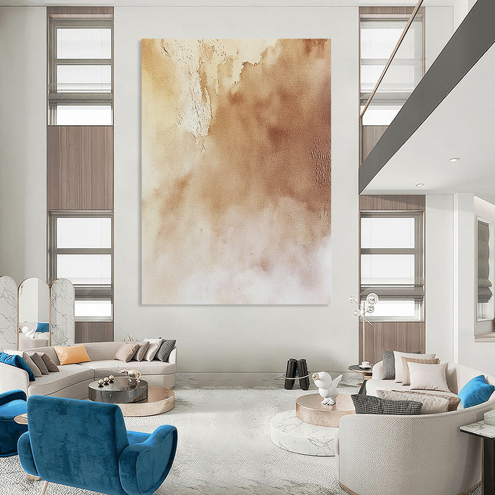 Contemporary hand-painted abstract artwork featuring soft beige textures atmospheric skies and intricate natural landscapes in light and dark shades. DLZ1723
