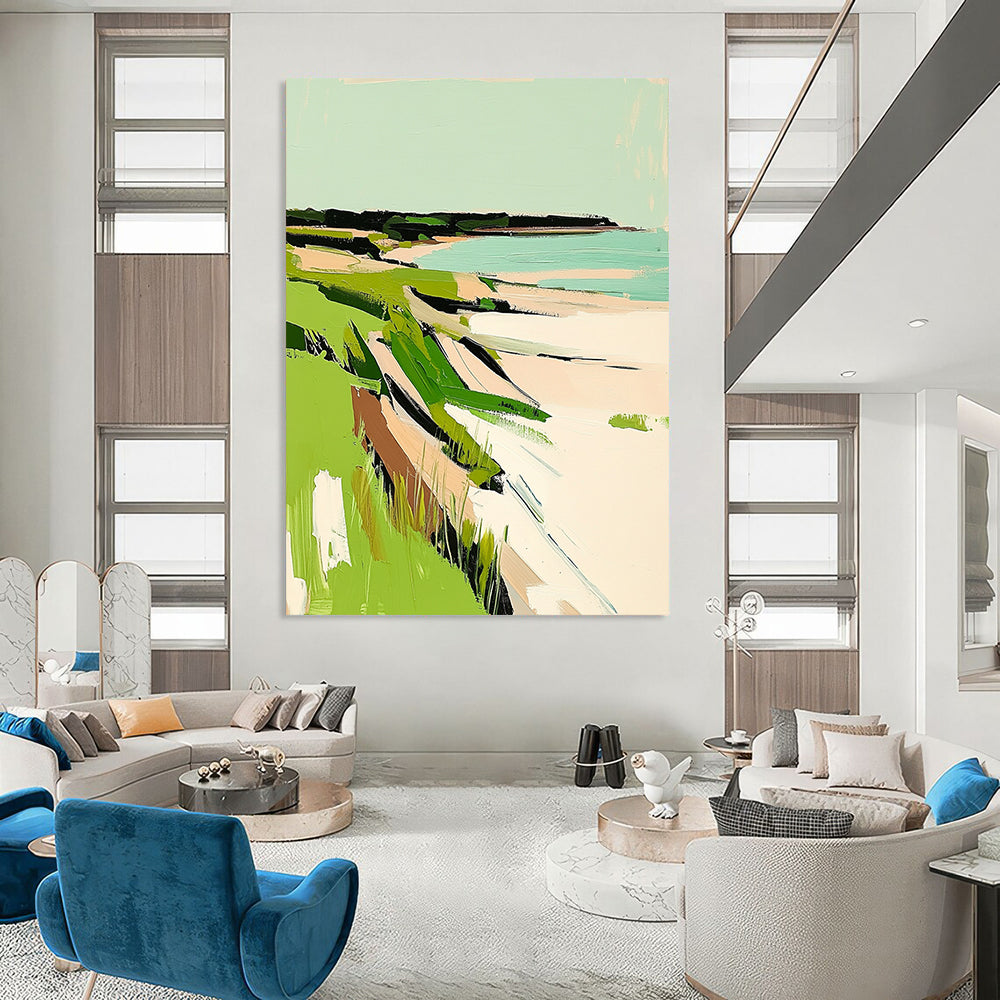 Contemporary abstract painting featuring New England coast with vibrant green grasses and serene white sandy beaches. Perfect for any modern space. DLZ0652