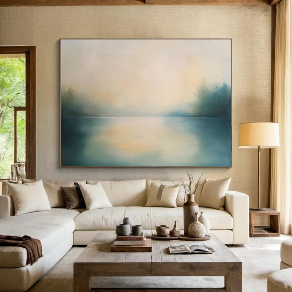 “Misty Lake Serenity” - Blue, Beige, Green, Misty Lake Landscape Painting On Canvas HB0993