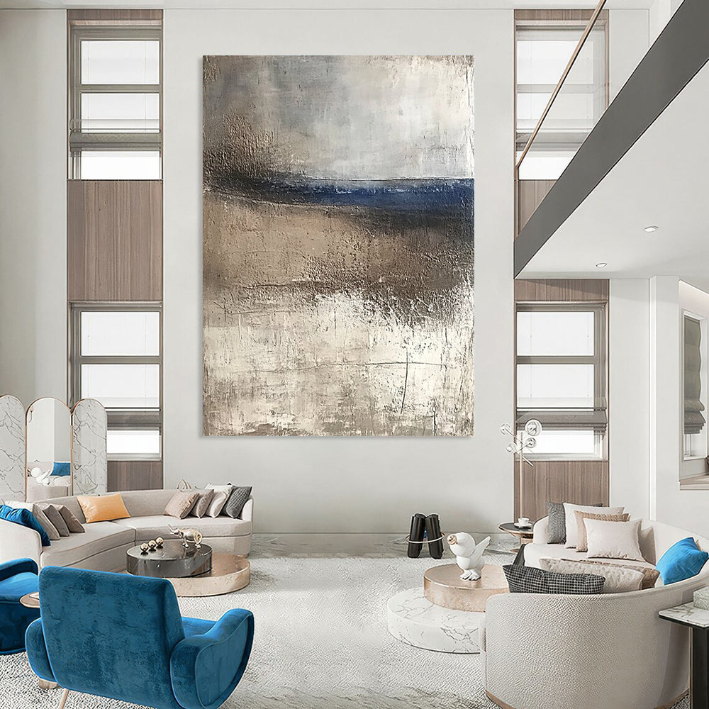 Contemporary abstract artwork featuring textured canvas with weathered hues of blue and brown evoking serene coastal landscapes and tranquility in a minimalist style. DLZ0445