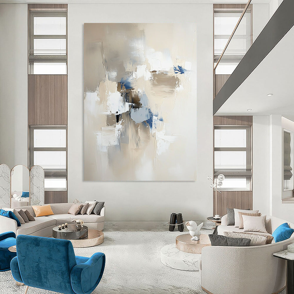 Contemporary abstract painting in neutral tones with blue and gray accents featuring bold brush strokes and soft edges for a modern aesthetic. DLZ0562