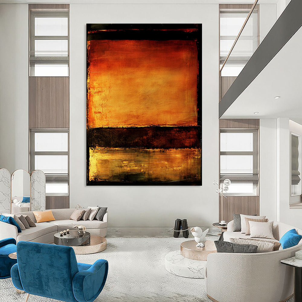 Contemporary abstract artwork features vibrant orange and brown hues with water reflections set against a dark background framed by a bold black border. DLZ0937