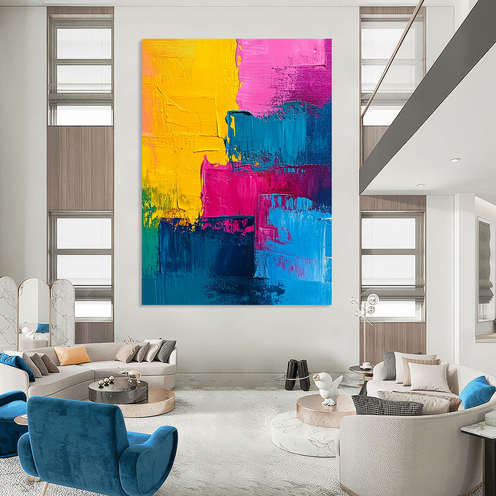 Contemporary abstract painting features vibrant pink blue yellow and teal acrylic swirls creating a dynamic and energetic visual experience. DLZ0811
