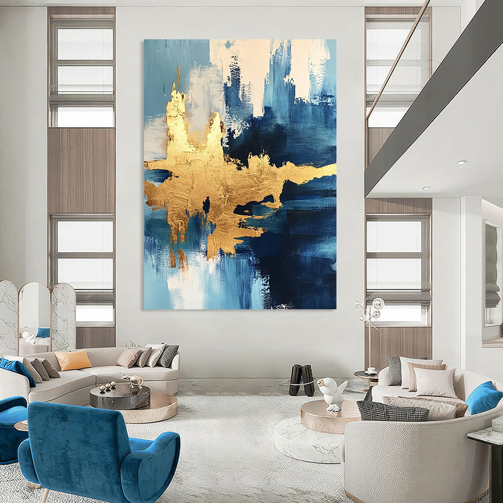 Contemporary abstract painting featuring ocean themes and textured gold foil accents for a luxurious artistic expression. DLZ0343